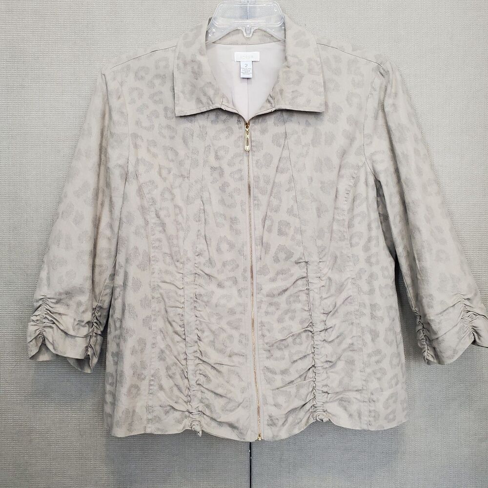 Chico's Cotton/Linen Beige Leopard Print Ruched Full-Zip Jacket Size 2 Large